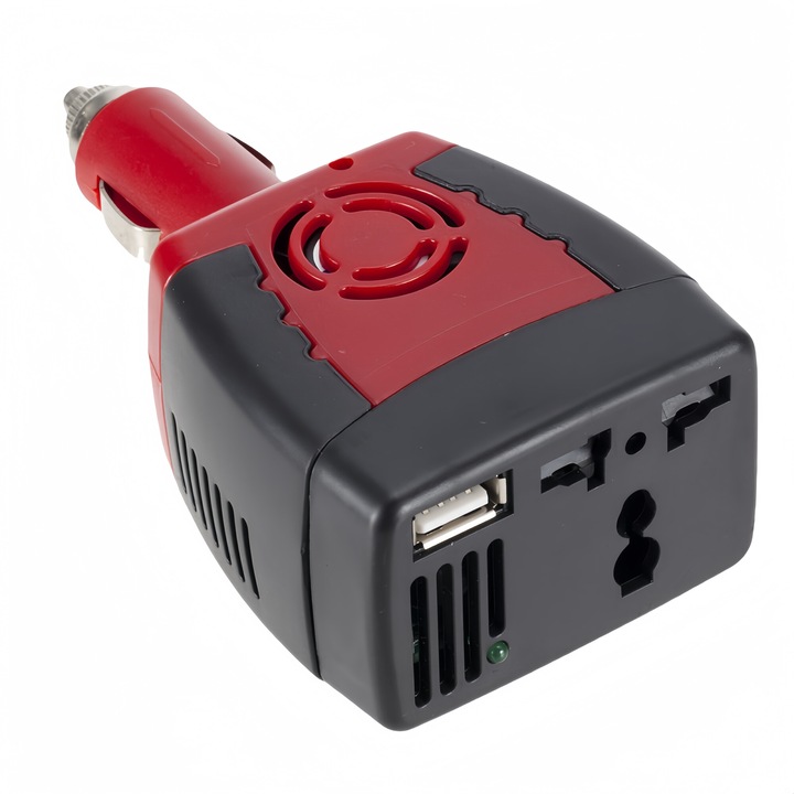 Invertor de tensiune auto，DC 12V la AC 220V, 150Wsi USB 2.1，Adaptor priza EU/USA，Rosu/Negru