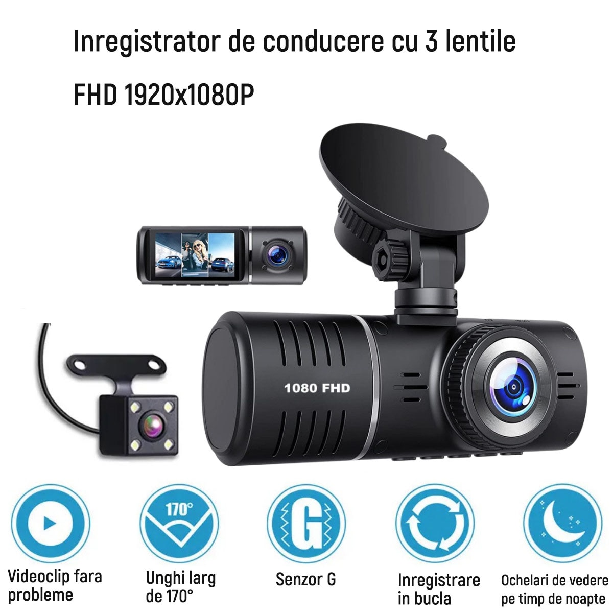 Camera Auto Tripla DVR, Full HD 1080p, Vedere Noaptea, Camp Vizual