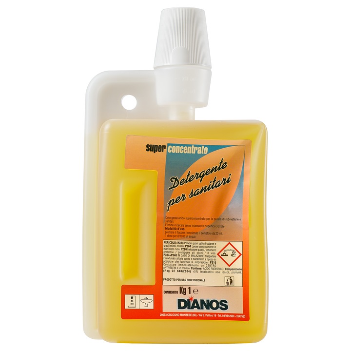 Професионален киселинен препарат за баня и санитария Dianos Detergente per Sanitari, 1 л, бутилка с дозираща капачка, супер концентриран, отстранява котлен камък, не атакува хромирани повърхности