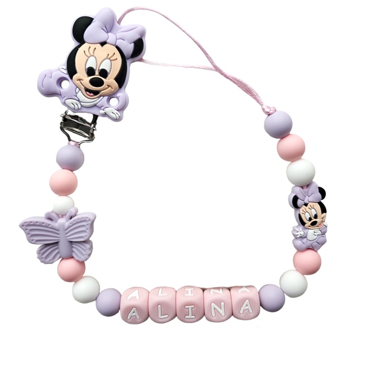 Lantisor pentru suzeta din silicon alimentar, Minnie lila roz