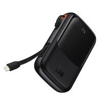 Acumulator extern Baseus Qpow Pro, Overseas Edition, 10000mAh, 20W, Cablu Lightning incorporat, 1xUSB, 1xUSB-C, 1xUSB Lightning, QC, PD, FCP, SCP, Display, Cablu USB la USB-C inclus, Negru
