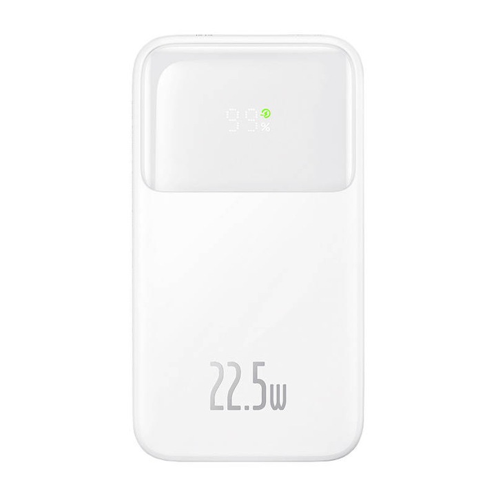 Baseus Comet külső akkumulátor, 20000mAh, 22,5W, 1xUSB, 1xUSB-C, USB-C kábel + beépített Lightning kábel, PD, akkumulátorjelző, fehér