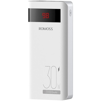 Acumulator extern Romoss, 20000mAh, 30W, 2xUSB, 1xUSB-C, 1xMicroUSB, 1xLightning, Indicator baterie, Alb