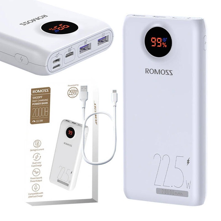 Acumulator extern Romoss, 20000mAh, 22.5W, 2xUSB, 1xUSB-C, 1xMicroUSB, 1xLightning, Indicator baterie, Alb