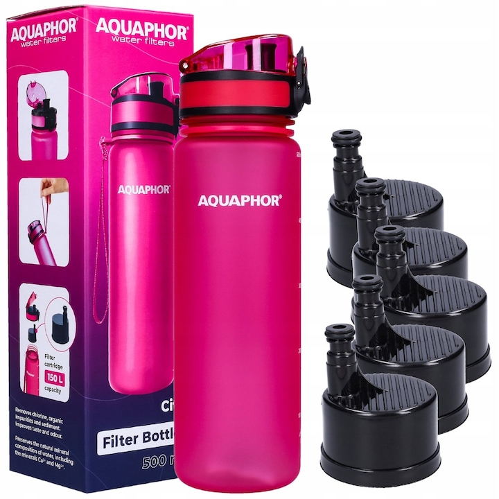 Филтрираща бутилка Aquaphor, City, Розова, 500 мл, с 5 броя филтри