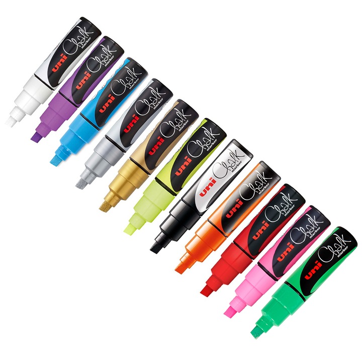 Marker UNI PWE-8K, creta lichida, 8mm, varf tesit, set 11 culori
