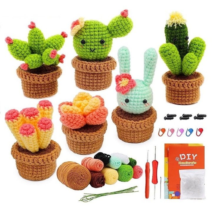 Комплект за плетене на една кука Cactus, Axroad Mall, Не е лесно да се счупи, повреди или избледнее, Включва инструкции стъпка по стъпка и видеоклипове, Лесен за работа, Подобрява координацията око-ръка и фините двигателни умения, Многоцветен