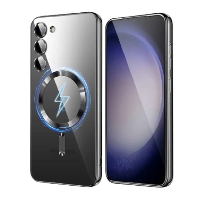 Szilikon tok vezeték nélküli töltéssel és kameravédelemmel, amely kompatibilis a Samsung Galaxy S23 Plus Black készülékkel