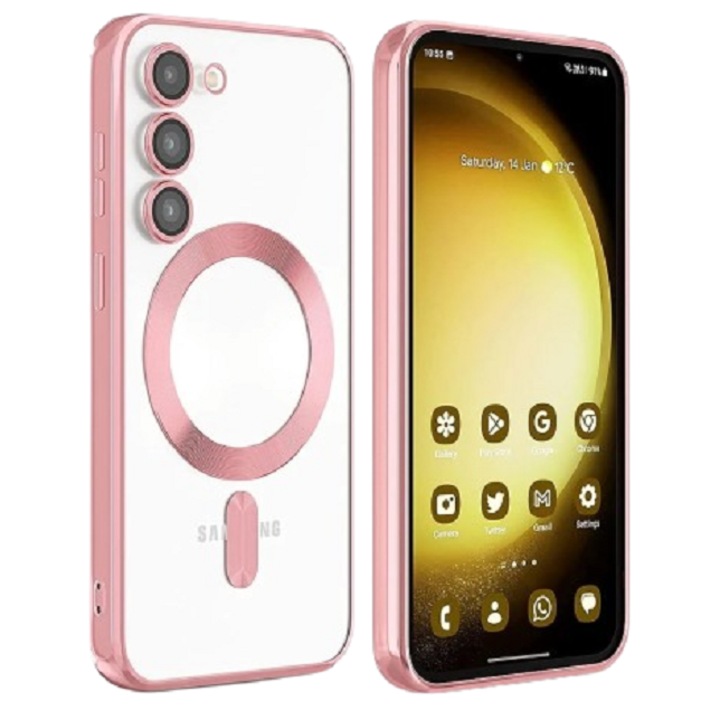Husa silIcon cu incarcare wireless si protectie camera compatibila cu Samsung Galaxy S23 Roz