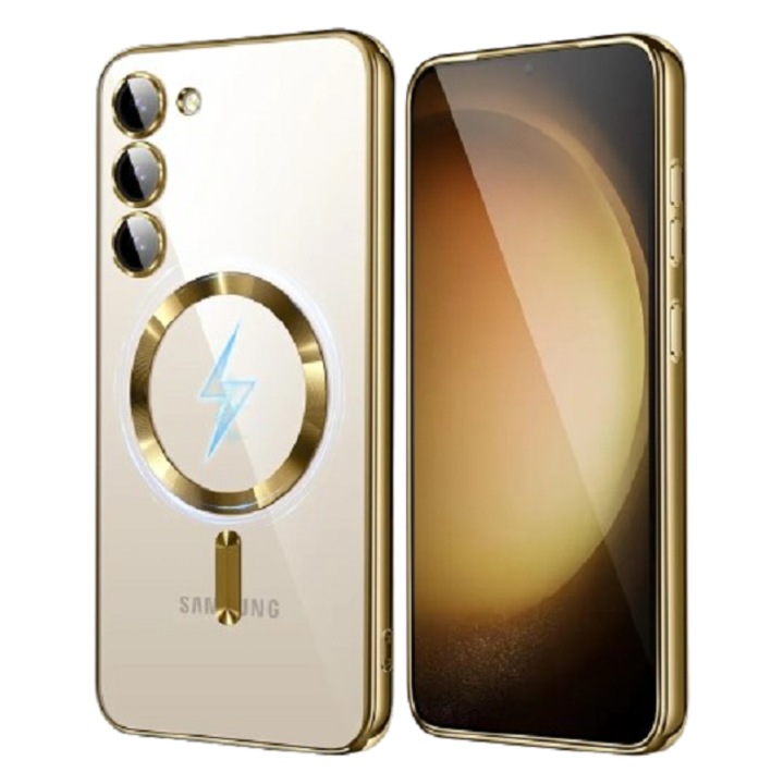 Husa silIcon cu incarcare wireless si protectie camera compatibila cu Samsung Galaxy S23 Auriu