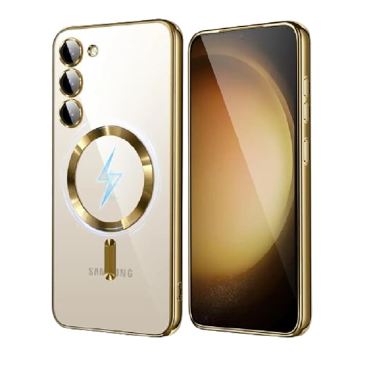 Szilikon tok vezeték nélküli töltéssel és kameravédelemmel, amely kompatibilis a Samsung Galaxy S23 Plus Gold telefonnal