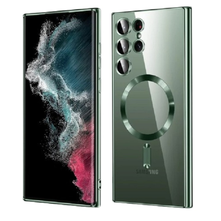 Szilikon tok, vezeték nélküli töltéssel és kameravédelemmel, amely kompatibilis a Samsung Galaxy S23 Ultra Green készülékkel