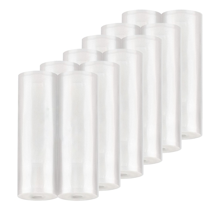 Set de 12 Role Folii pentru Vidat Universale Teno®, 5m x 17cm, compatibile cu orice aparat de vidat, gofrate, reutilizabile, rezistente la caldura, transparente