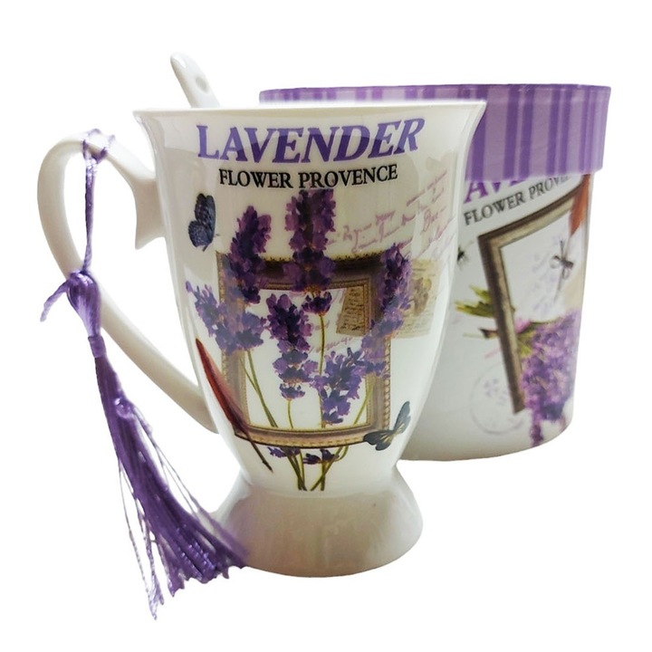 Cana din ceramica cu lingurita, Model cu lavanda, Mov, DO116G-A