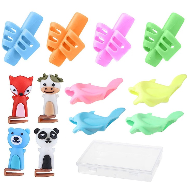 Set suport corectare a pozitiei de scriere, Axroad Mall, Grafic animalului, 12 piese, Moale si durabil, Proiectat ergonomic, Pentru prescolari, scolari sau chiar adulti, Previne deformarea degetelor, miopie, TPR, Multicolor
