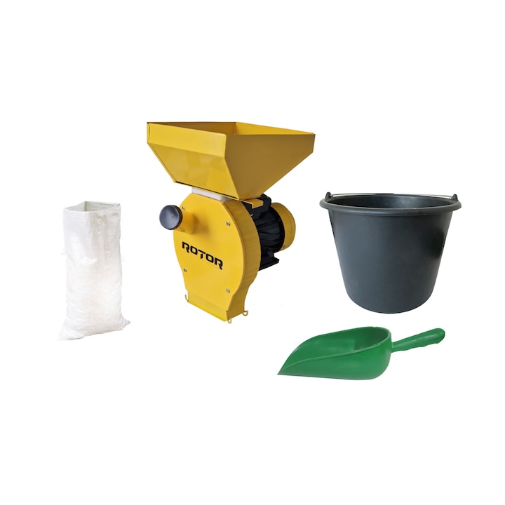 Pachet moara electrica, cuva mare ROTOR pentru uruiala din cereale si stiuleti de porumb, galeta plastic, 5 buc x sac si scafa plastic