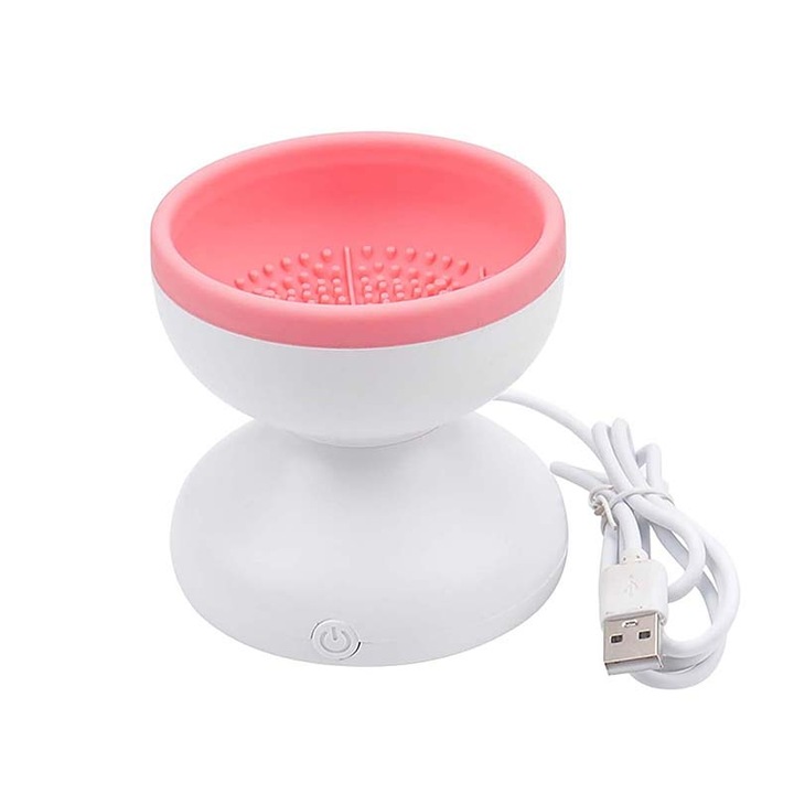 Dispozitiv curatare pensule de machiaj, Silicon, electric, USB, Alb/Roz