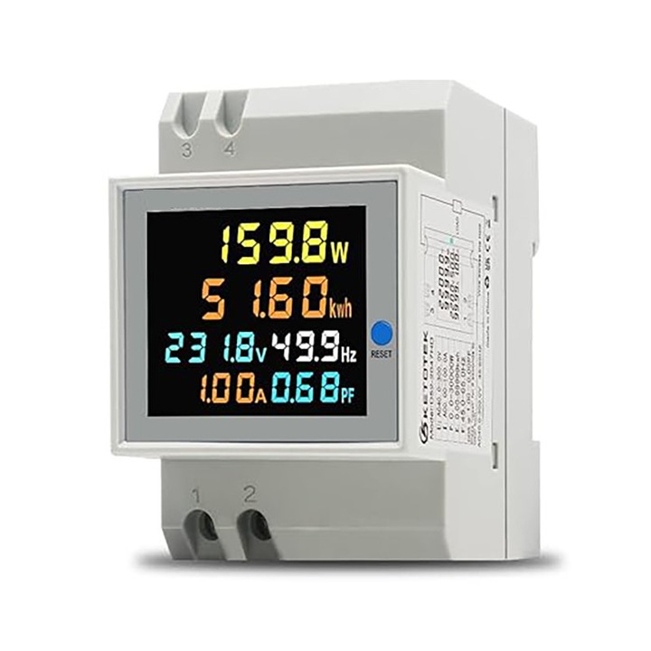 Contor KWh monofazat de energie electrica,6 in 1, LCD HD display, Functie resetare,40-300V,100A, Masurare si Control, Tensiune, Intensitate curent electric, Consumul de energie, Frecventa, Puterea, Alb