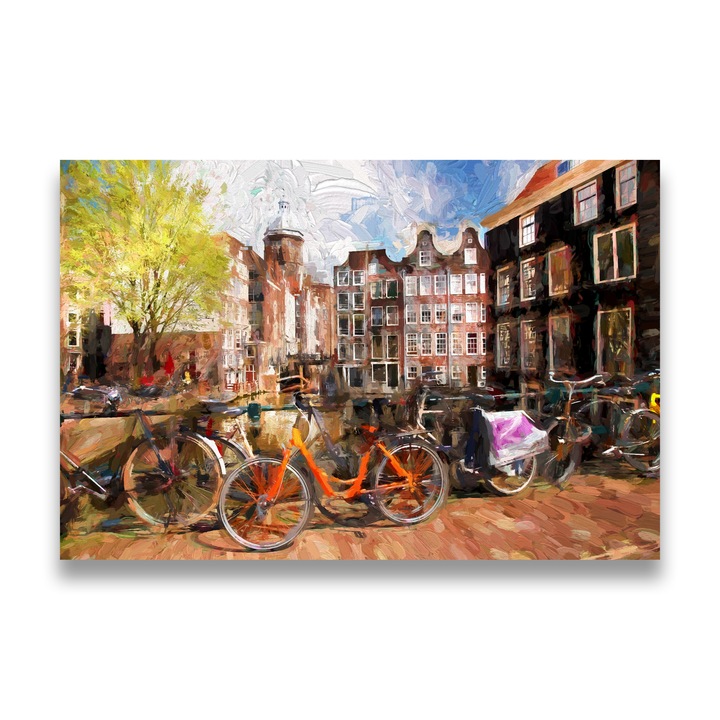 Първокласна картина на платно, LuxCanva® A1282, Оранжев велосипед, 80 X 120 CM, 100% памучно платно 400g/m2, Дървено шаси, Всекидневна, Сгради, Велосипеди, Дърво, Спалня, Живи цветове