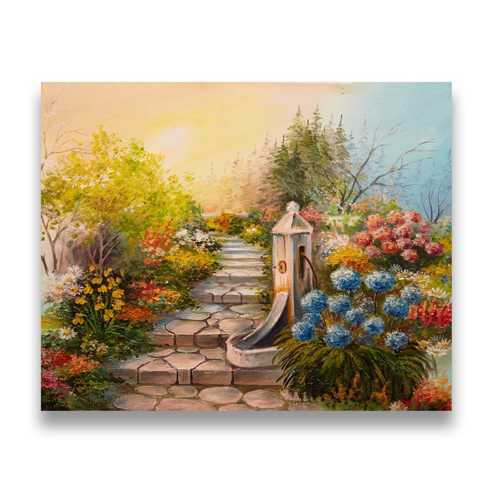 Първокласна картина на платно, LuxCanva® A1283, стълби с цветя, 65 X 80 CM, 100% памучно платно 400g/m2, дървена рамка, всекидневна, цветя, алея, дървета, спалня, живи цветове