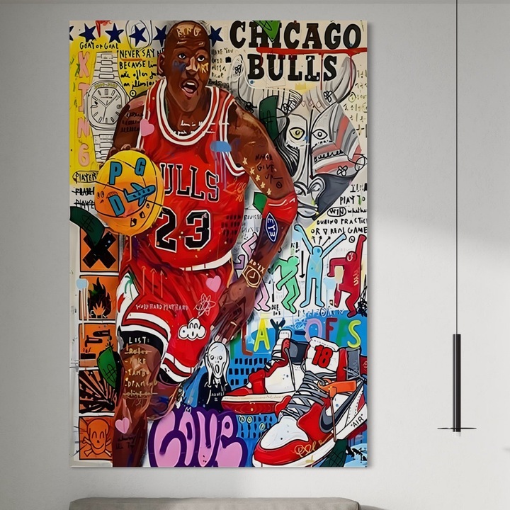 Tablou Canvas Premium, LuxCanva® B1090, Marele Michael Jordan, 65 X 100 CM, Panza Bumbac 100% 400g/m2, Sasiu Lemn, Birou, Jucator Profesionist, Baschet, NBA, Camera copii, Chicago Bulls, Culori Vibrante