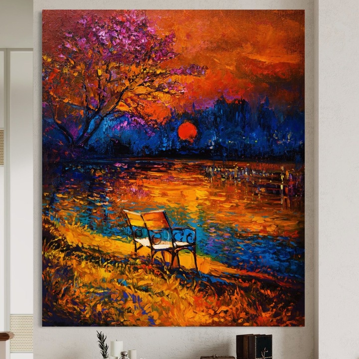 Премиум картина върху платно, LuxCanva® A1284, Червена луна, 100 X 120 см, 100% памучно платно 400 г/м2, дървена рамка, хол, пейка, езеро, гора, дърво, спалня, ярки цветове