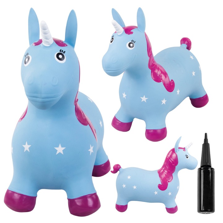 Jumper de cauciuc, Sun Baby, Unicorn, pentru copii, cu pompa pentru umflare, 12 luni +, 49x28x60 cm, Albastru