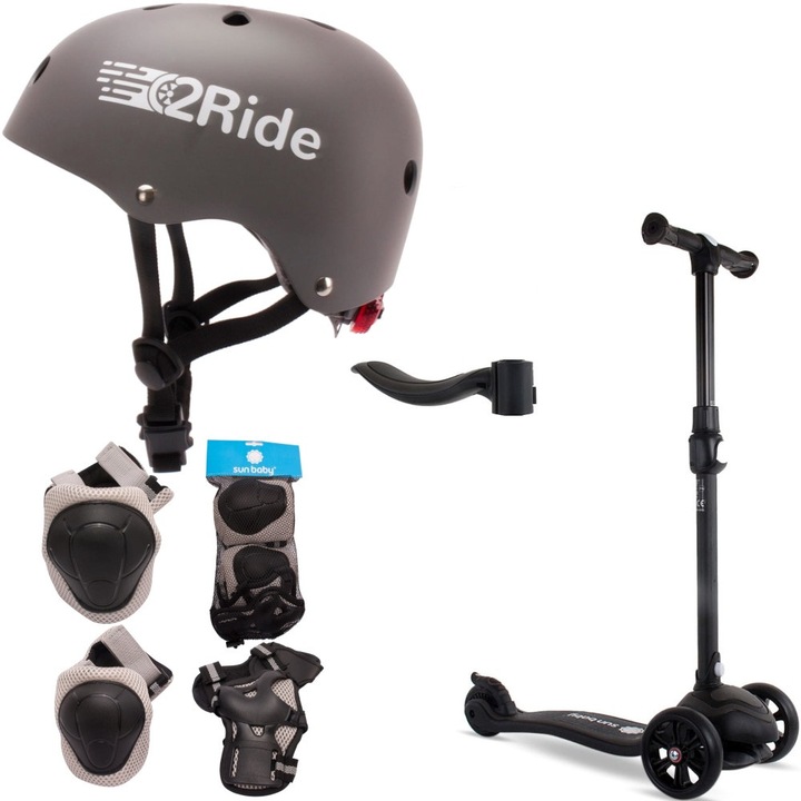 8 darabos készlet, 1 db Sun Baby Flash háromkerekű roller, 7 db kiegészítő, fekete