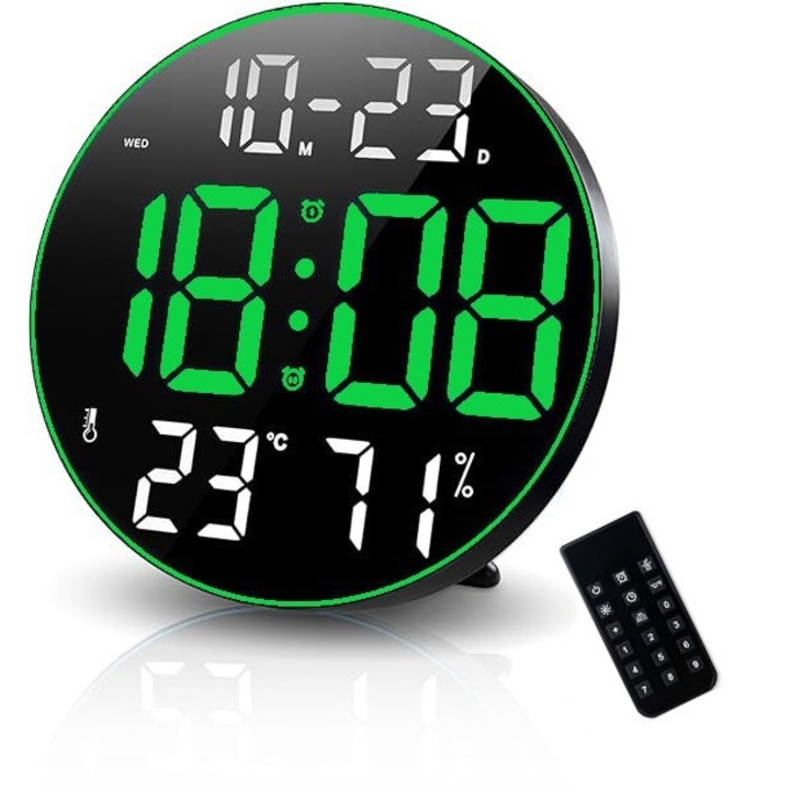Кръгъл цифров настолен и стенен часовник със зелена LED светлина, календар, температура, 2 аларми, термометър, функция за отлагане, 5 нива на интензитет, дистанционно управление, дисплей за влажност, 30 см