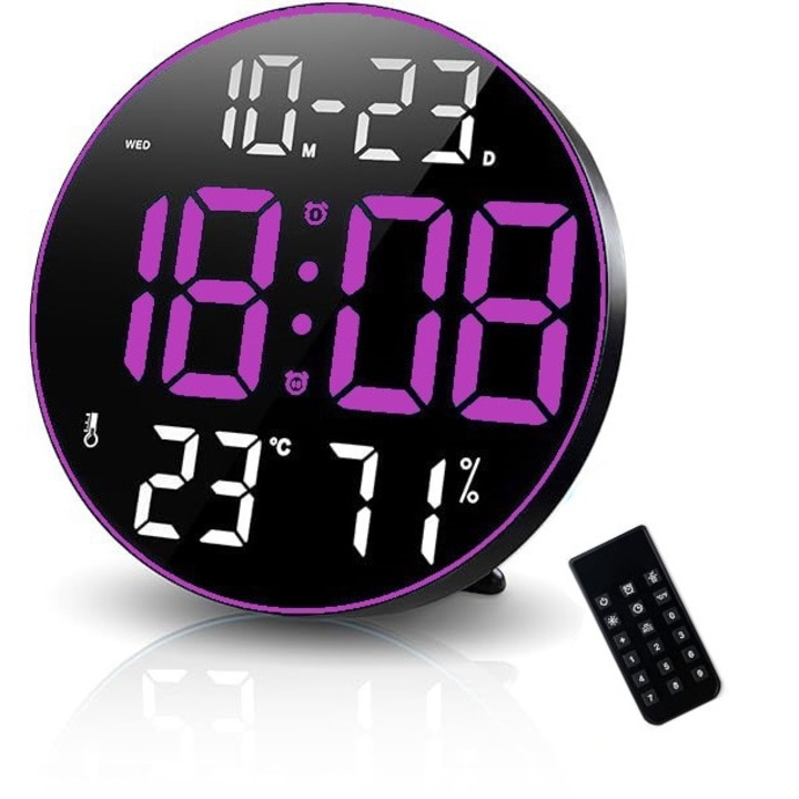 Цифров настолен и стенен часовник с лилава светодиодна светлина, календар, температура, 2 аларми, термометър, функция за отлагане, 5 нива на интензитет, дистанционно управление, дисплей за влажност, 30 см