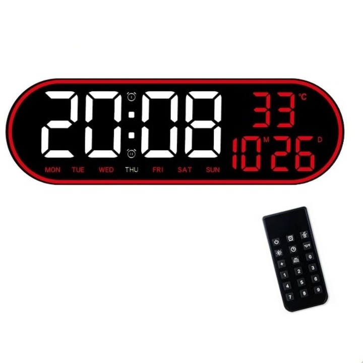 Овален цифров настолен и стенен часовник с червена LED светлина, календар, хронометър, температура, 2 аларми, термометър, функция за отлагане, 5 нива на интензитет, дистанционно управление, дисплей за влажност