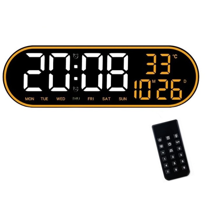 Ceas Digital de Masa si Perete Oval 38cm cu LED Portocaliu, Calendar, Cronometru, Termometru, 2 Alarme, Snooze, Telecomanda si Afisare Umiditate