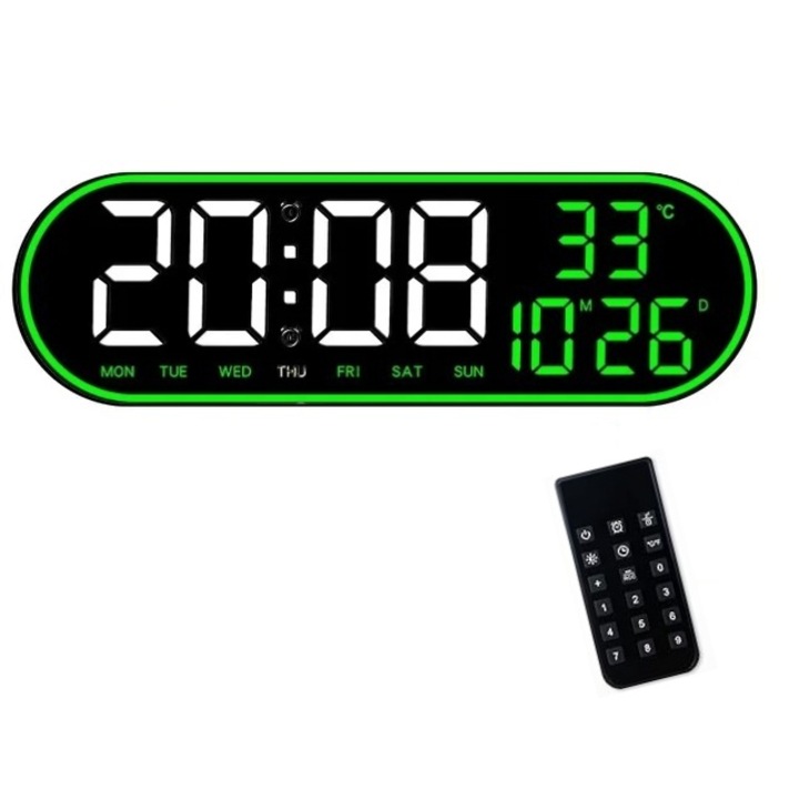 Овален цифров настолен и стенен часовник със зелена светодиодна светлина, календар, хронометър, температура, 2 аларми, термометър, функция за отлагане, 5 нива на интензитет, дистанционно управление, дисплей за влажност
