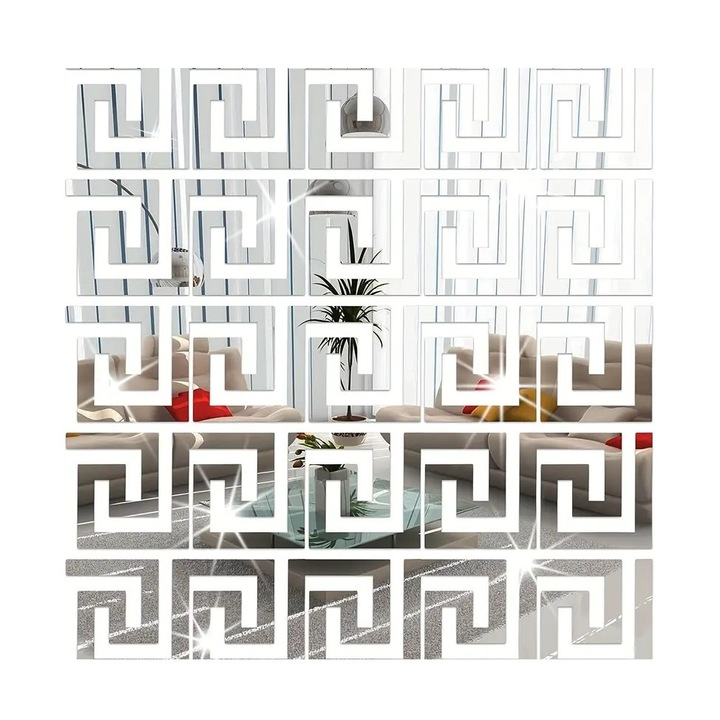 Комплект от 10 самозалепващи акрилни огледала Luxer, модел Versace, размери 16x16 см, сребро