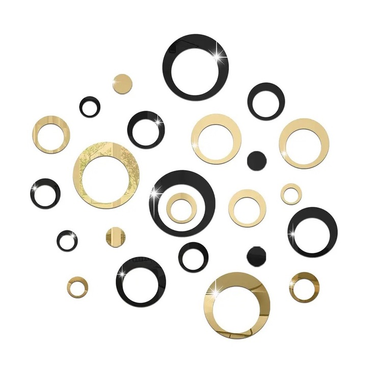 Комплект от 24 самозалепващи се акрилни огледала за декорация на стени Luxer, Кръгъл модел, Черен/златист