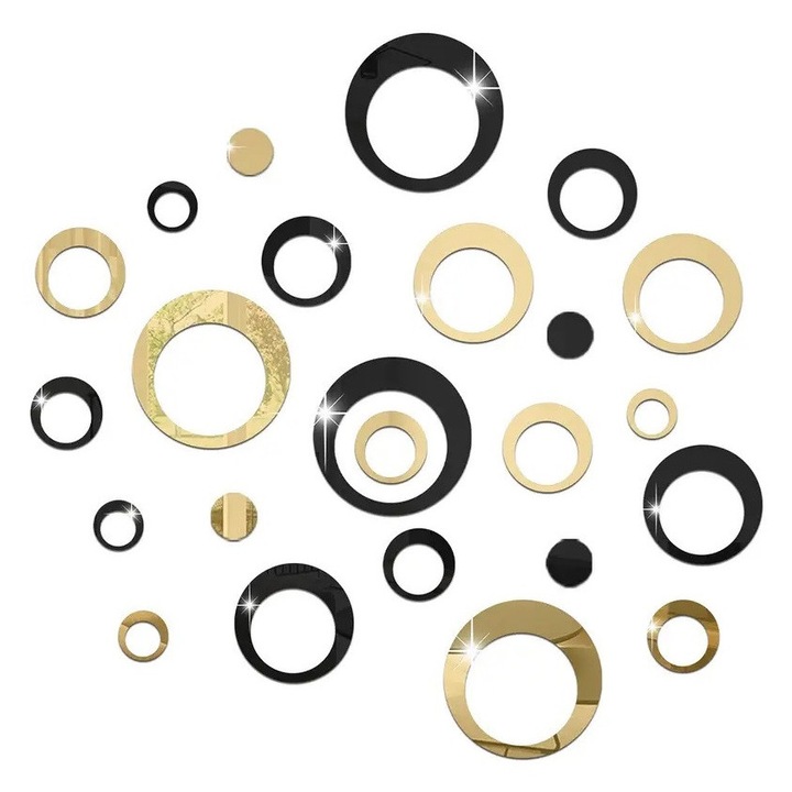 Set 24 Oglinzi Acrilice Autoadezive Pentru Decorarea Peretilor Luxer, Model Cercuri, Black and Gold