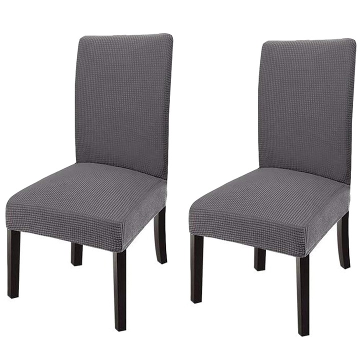 Set 2 huse scaun, Axroad Mall, Lavabile, Anti-alunecare, Usor de instalat si curatat, Cu centura elastica, Pentru sarbatoare, ceremonie, decorare acasa, Poliester, Lungime scaun 45-55cm, Gri Inchis