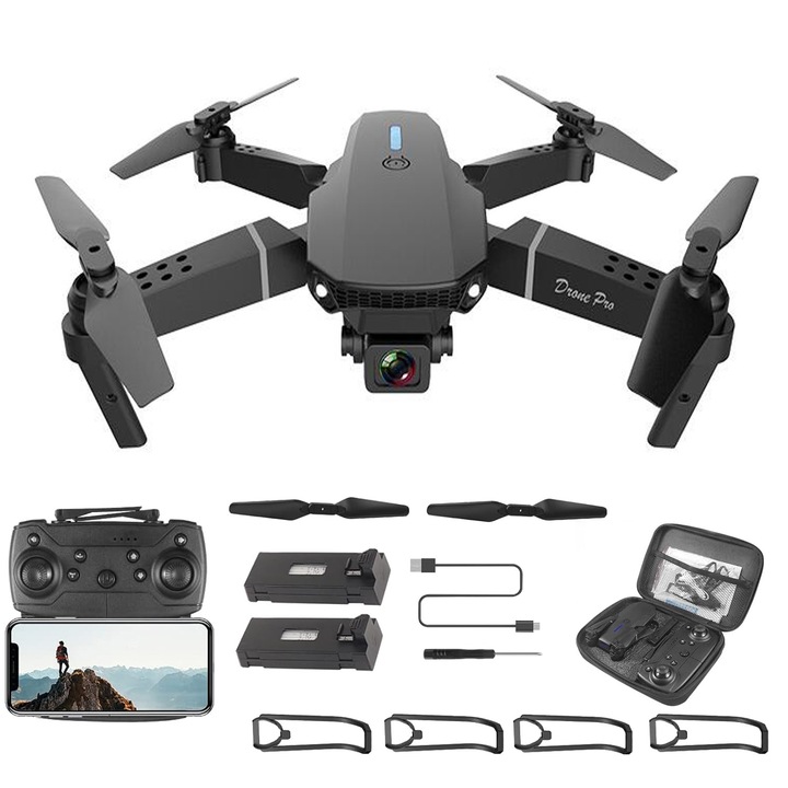 Мини дрон с 2 видеокамери Quadcopter, MorFansi, WiFi връзка Приложение за мобилен телефон, сгъваем, USB зареждане, 360° ротация, 2 батерии и 1 кутия за съхранение, черен