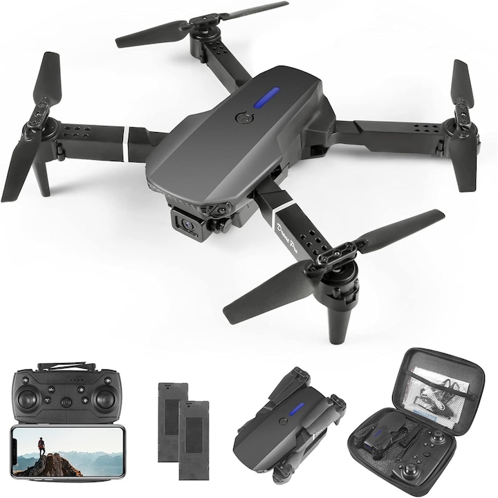 Мини дрон с 2 видеокамери Quadcopter, MorFansi, WiFi връзка Приложение за мобилен телефон, сгъваем, USB зареждане, 360° ротация, 2 батерии и 1 кутия за съхранение, черен