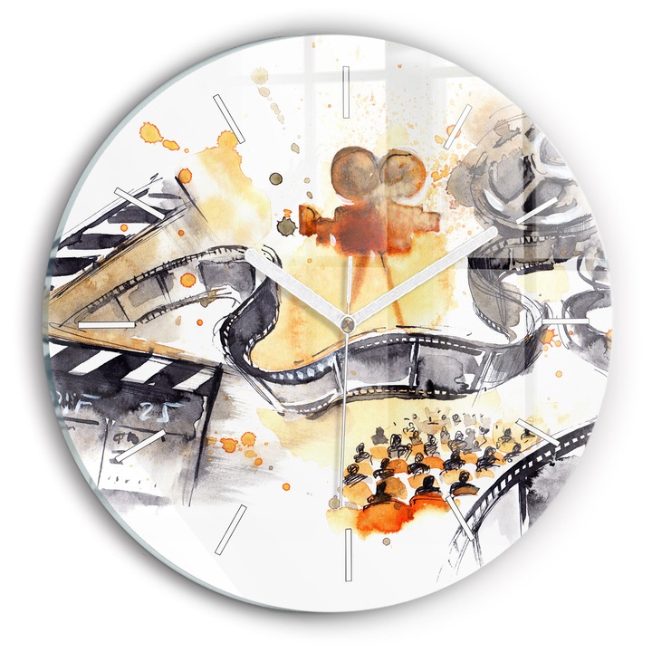 Ceas de perete, Wallfluent, de sticla, Mainile albe, Fara cifre, Cinematografie pentru camera, Negru, Rotund Ø30 cm, 010010500040100271583