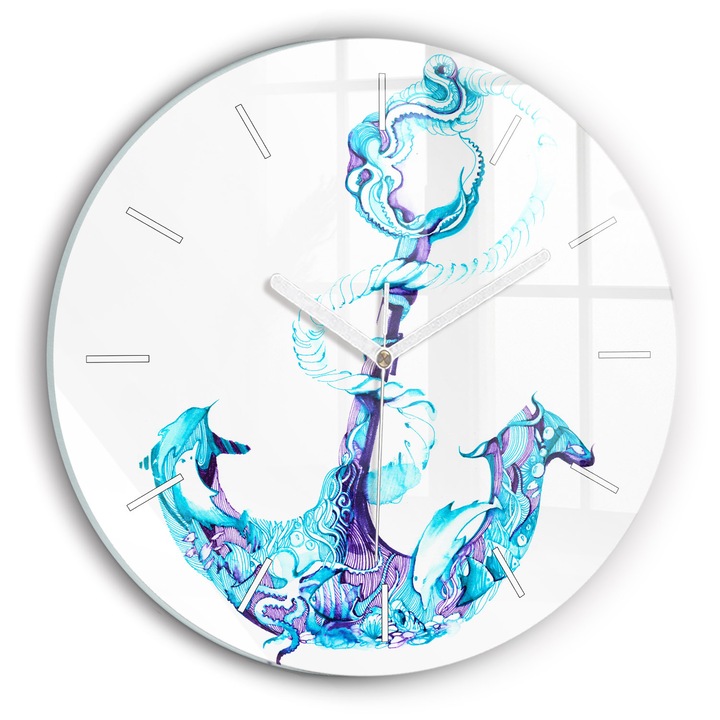 Ceas de perete, Wallfluent, de sticla, Mainile albe, Fara cifre, Ancora de mare, Albastru, Rotund Ø30 cm, 010010500040100271716
