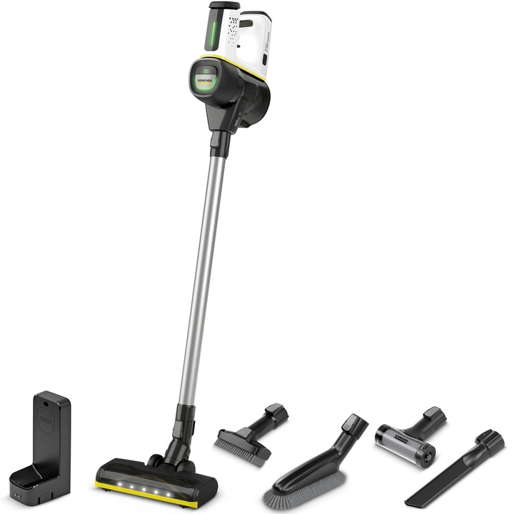 Aspirator vertical Karcher VC 7 Cordless yourMax, 1.198-710.0, 350 W, 2 trepte de viteza, 25,2 V, 2,5 Ah, 800 ml, autonomie 60 min (max), filtru HEPA 12, functie Boost, senzor de praf, Alb/Negru