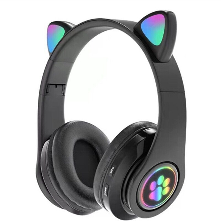Безжични аудио слушалки NYTRO B39, Bluetooth 5.0, микрофон, AUX 3,5 mm, модел с RGB осветени котешки уши, черни