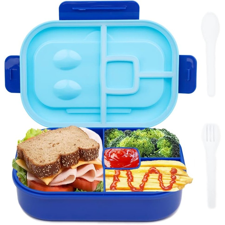 Caserola cu 4 compartimente pentru mancare, compatibila cu masina de spalat vase si cuptorul cu microunde, albastru. cu furculita inclusa, din plastic fara BPA