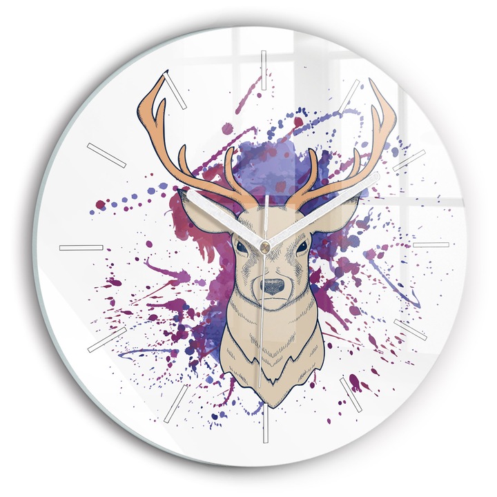 Ceas de perete, Wallfluent, de sticla, Mainile albe, Fara cifre, Ilustratie vectoriala a cerbului, Violet, Rotund Ø30 cm, 010010500040100270692