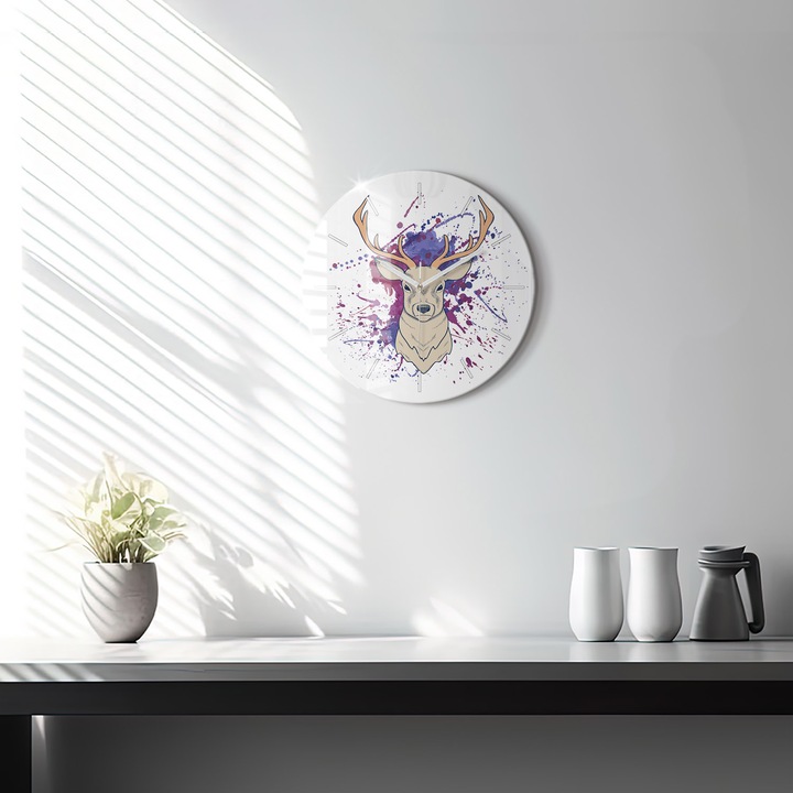 Ceas de perete, Wallfluent, de sticla, Mainile albe, Fara cifre, Ilustratie vectoriala a cerbului, Violet, Rotund Ø30 cm, 010010500040100270692