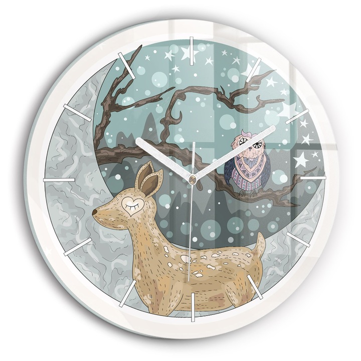Ceas de perete, Wallfluent, de sticla, Mainile albe, Fara cifre, Animale de noapte si luna, Albastru, Rotund Ø30 cm, 010010500040100271100