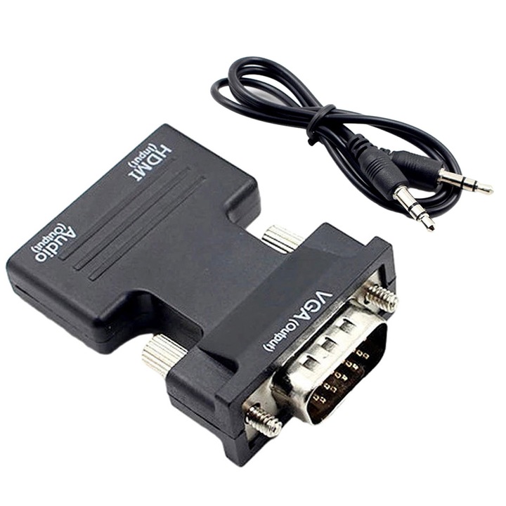 Cablu adaptor HDMI la VGA si audio, Axroad Mall, Transfera semnale video de inalta calitate, 1080P, Compatibil cu WindowsXP/Viata/10/Linux/Apple TV, Unidirectional, Portabil, Pentru monitor, computer, ABS/Metal, 50cm, Negru