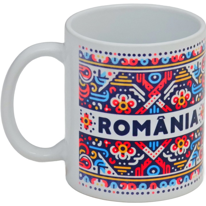 Cana cu Inscriptia ROMANIA in Culorile Nationale cu Motive Autentice Romanesti de Jur Imprejur, 330 ml, Transyvan®