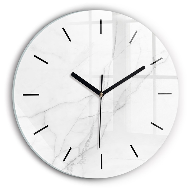 Ceas de perete, Wallfluent, de sticla, Mainile negre, Fara cifre, Marmura decorativa, Alb, Rotund Ø30 cm, 010010500040200267305